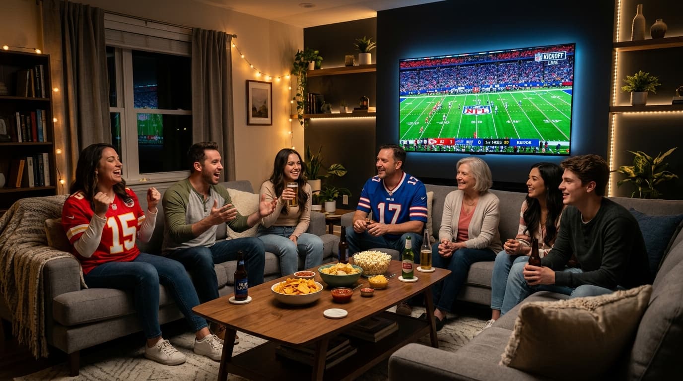 Group of friends watching an NFL live broadcast on a 4K OLED smart TV