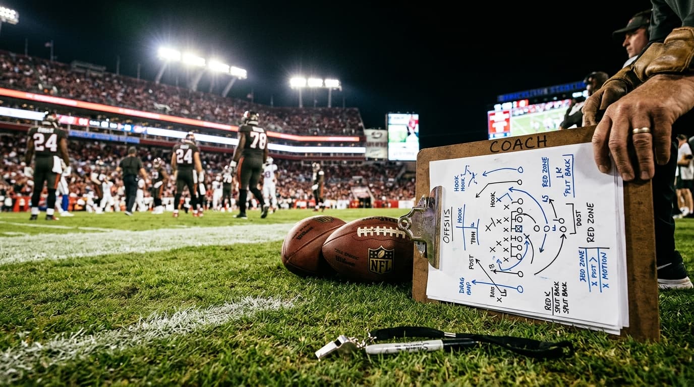 NFL coach clipboard with playbook diagram on stadium sideline