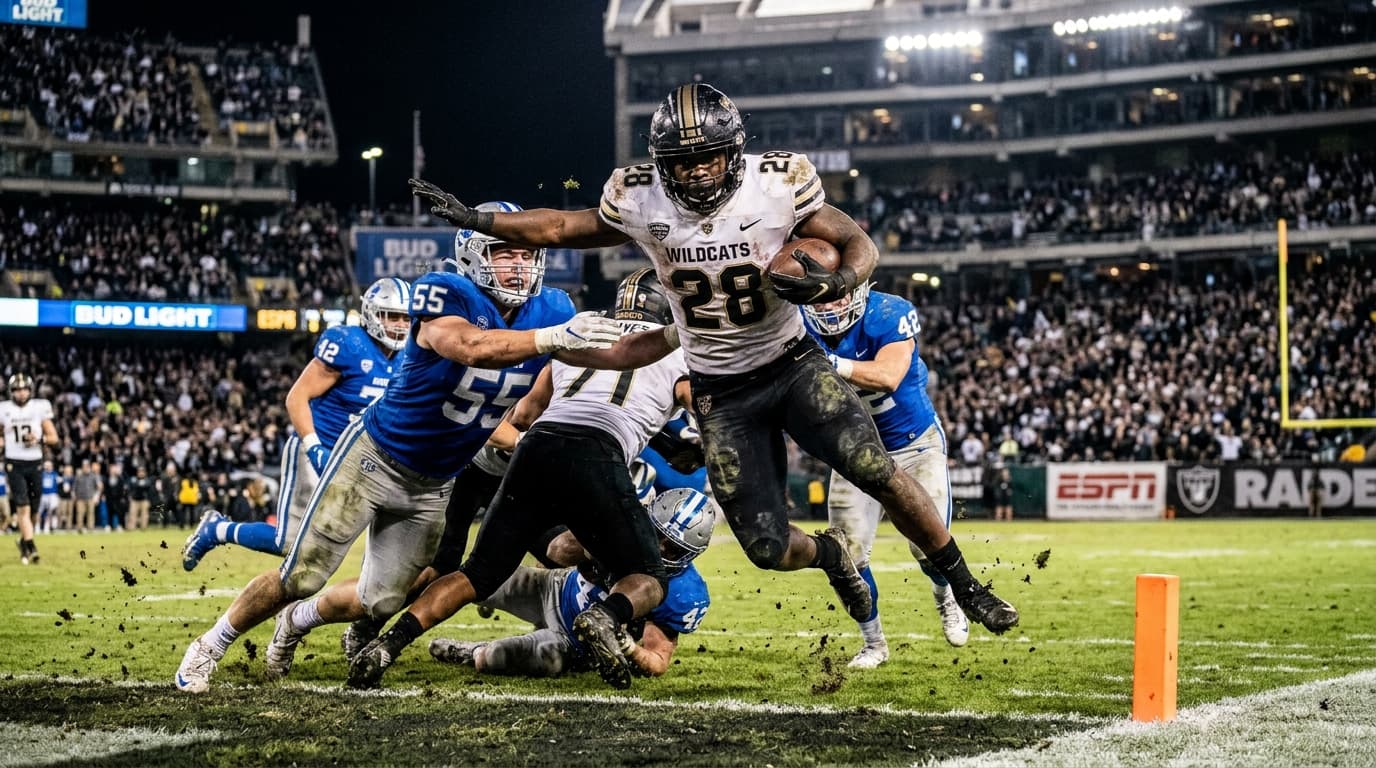 American football running back leaping into the end zone