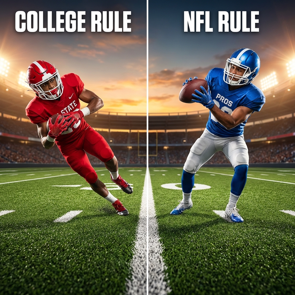 Visual comparison of One Foot In (College) vs Two Feet In (NFL) catch rules